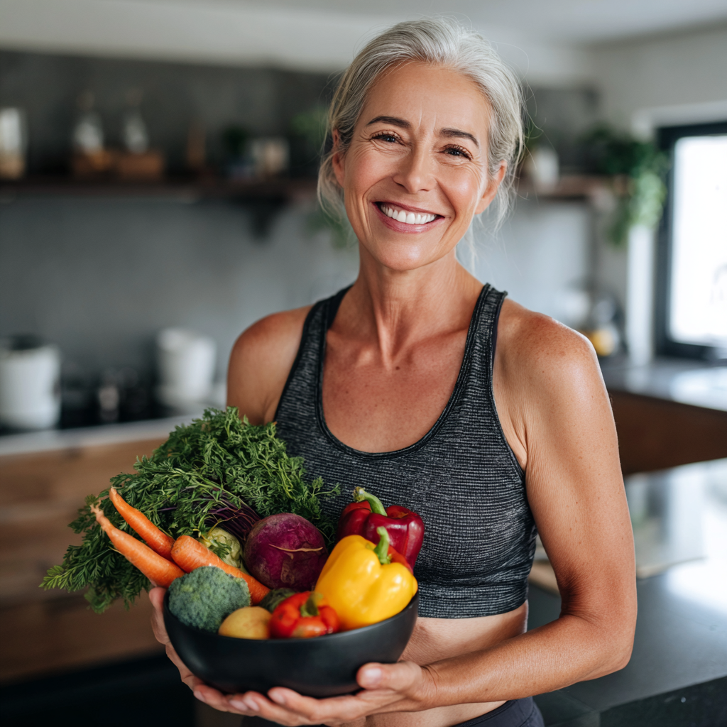 Усмихната жена на средна възраст от европейски произход, облечена в спортни дрехи, държаща чиния със здравословна храна, стояща в модерна кухня с много зеленчуци и плодове