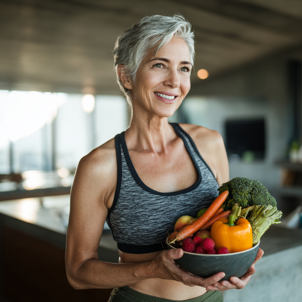 Усмихнат мъж на средна възраст от европейски произход в бяла риза, седнал на бюро в модерен офис, заобиколен от здравословни храни и графики за хранене