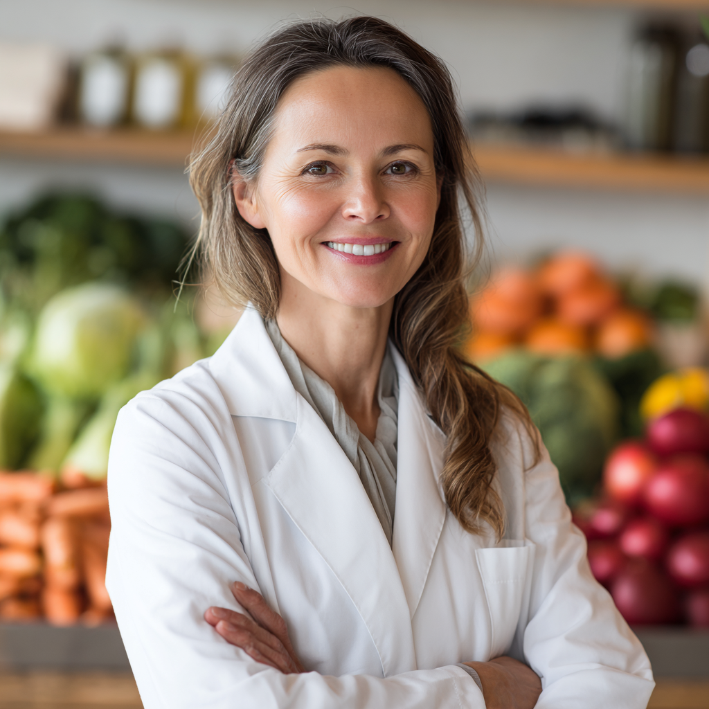 Усмихната жена от европейски произход на около 35 години, седнала на кухненска маса с красиво аранжирани здравословни ястия, държаща в ръката си цветна диаграма с хранителни стойности