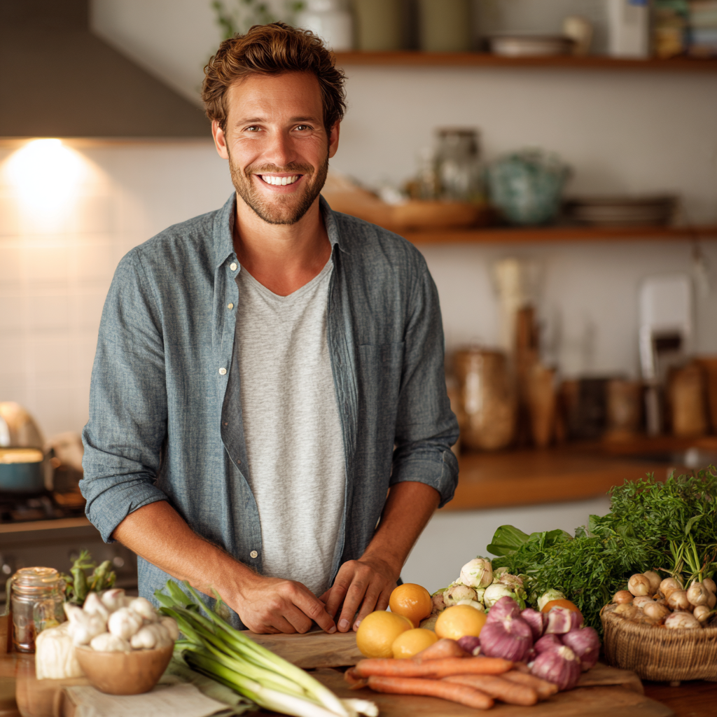 Млад мъж от европейски произход с усмивка, облечен в спортни дрехи, държащ стъклена бутилка с вода, на фона на зелени растения и свежи зеленчуци